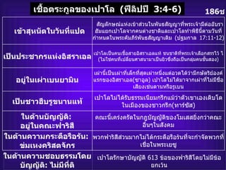 186 ช เชื้อตระกูลของเปาโล   ( ฟีลิปปี   3:4-6)   เข้าสุหนัตในวันที่แปด   สัญลักษณ์แห่งเข้าส่วนในพันธสัญญาที่พระเจ้ามีต่ออับราฮัมแยกเปาโลจากคนต่างชาติและเปาโลทำพิธีนี้ตามวันที่กำหนดในพระคัมภีร์พันธสัญญาเดิม   ( ปฐมกาล   17:11-12) เป็นประชากรแห่งอิสราเอล เปาโลเป็นคนเชื้อสายอิสราเอลแท้ ชนชาติที่พระเจ้าเลือกสรรไว้ ไ ( ไม่ใช่คนที่เปลี่ยนศาสนามาเป็นยิวซึ่งถือเป็นกลุ่มคนชั้นสอง ) อยู่ในเผ่าเบนยามิน เผ่านี้เป็นเผ่าที่เล็กที่สุดเผ่าหนึ่งแต่อวดได้ว่ามีกษัตริย์องค์แรกของอิสราเอล ( ซาอูล )  เปาโลไม่ได้มาจากเผ่าที่ไม่มีชื่อเสียงเช่นดานหรือรูเบน เป็นชาวฮีบรูขนานแท้ เปาโลไม่ได้รับธรรมเนียมกรีกแม้ว่าตัวเขาเองเติบโตในเมืองของชาวกรีก ( ทาร์ซัส ) ในด้านบัญญัติ :   อยู่ในคณะฟาริสี คณะนี้เคร่งครัดในกฎบัญญัติของโมเสสยิ่งกว่าคณะอื่นๆในสังคม ในด้านความกระตือรือร้น :  ข่มเหงคริสตจักร พวกฟาริสีส่วนมากไม่ได้กระตือรือร้นที่จะกำจัดพวกที่เชื่อในพระเยซู ในด้านความชอบธรรมโดยบัญญัติ :  ไม่มีที่ติ เปาโลรักษาบัญญัติ  613  ข้อของฟาริสีโดยไม่มีข้อยกเว้น 