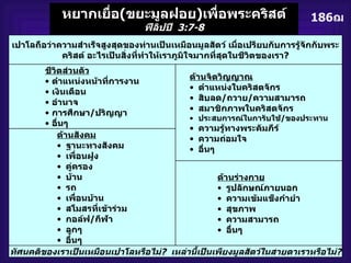 186 ฌ หยากเยื่อ ( ขยะมูลฝอย ) เพื่อพระคริสต์ ฟีลิปปี   3:7-8 เปาโลถือว่าความสำเร็จสูงสุดของท่านเป็นเหมือนมูลสัตว์ เมื่อเปรียบกับการรู้จักกับพระคริสต์ อะไรเป็นสิ่งที่ทำให้เราภูมิใจมากที่สุดในชีวิตของเรา ? ชีวิตส่วนตัว ตำแหน่งหน้าที่การงาน เงินเดือน อำนาจ การศึกษา / ปริญญา อื่นๆ ด้านสังคม ฐานะทางสังคม เพื่อนฝูง คู่ครอง บ้าน รถ เพื่อนบ้าน สโมสรที่เข้าร่วม กอล์ฟ / กีฬา ลูกๆ อื่นๆ ด้านจิตวิญญาณ ตำแหน่งในคริสตจักร สิบลด / ถวาย / ความสามารถ สมาชิกภาพในคริสตจักร ประสบการณ์ในการับใช้ / ของประทาน ความรู้ทางพระคัมภีร์ ความถ่อมใจ อื่นๆ ด้านร่างกาย รูปลักษณ์ภายนอก ความเข้มแข็งกำยำ สุขภาพ ความสามารถ อื่นๆ ทัศนคติของเราเป็นเหมือนเปาโลหรือไม่ ?  เหล่านี้เป็นเพียงมูลสัตว์ในสายตาเราหรือไม่ ? 