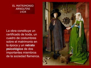 EL MATRIMONIO
       ARNOLFINI
         1434




La obra constituye un
certificado de boda, un
cuadro de costumbres
sobre el matrimonio en
la época y un retrato
psicológico de dos
importantes miembros
de la sociedad flamenca.
 