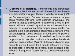L'amore e la dialettica.  Il movimento che garantisce l'accesso e l'entrata nel mondo ideale è il movimento suscitato dall'amore per il bene e la bellezza (  ). Oltre l'amore volgare, l'amore celeste incarna e rappresenta miticamente una forza cosmica universale, che unifica la totalità dell'essere nell'armonia e che si presenta nell'uomo quando questi avverte il senso di una mancanza: la mancanza della propria metà ideale. Solamente nella ricongiunzione con l'intero originario (mito dell'androgino) l'uomo supera la condizione di povertà iniziale (  ), attraverso il desiderio e il senso del rapporto reciproco, che costituisce la via d'uscita alla situazione problematica (  ). Il demone d'amore rappresenta perciò il medio fra il mondo inferiore e il mondo superiore: è amante della verità, della bellezza e della bontà. Per questo l'uomo riesce a generare nella bellezza.  