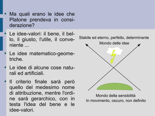 Ma quali erano le idee che Platone prendeva in considerazione?  Le idee-valori: il bene, il bello, il giusto, l'utile, il conveniente ...  Le idee matematico-geometriche.  Le idee di alcune cose naturali ed artificiali.  Il criterio finale sarà però quello del medesimo nome di attribuzione, mentre l'ordine sarà gerarchico, con in testa l'idea del bene e le idee-valori.  Mondo della sensibilità Mondo delle idee In movimento, oscuro, non definito Stabile ed eterno, perfetto, determinante 