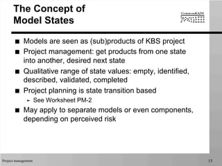 Project management 15
The Concept of
Model States
■  Models are seen as (sub)products of KBS project
■  Project management: get products from one state
into another, desired next state
■  Qualitative range of state values: empty, identified,
described, validated, completed
■  Project planning is state transition based
➤  See Worksheet PM-2
■  May apply to separate models or even components,
depending on perceived risk
 