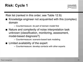 Project management 21
Risk: Cycle 1
Risk list (ranked in this order; see Table 12.9):
■  Knowledge engineer not acquainted with this (complex)
domain
–  Countermeasure: do part of domain model first
■  Nature and complexity of noise interpretation task
unknown (classification, monitoring, assessment,
model-based diagnosis?)
–  Countermeasure: scenario-based task modeling
■  Limited availability of the expert
–  Countermeasure: develop contacts with other experts
 
