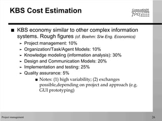 Project management 26
KBS Cost Estimation
■  KBS economy similar to other complex information
systems. Rough figures (cf. Boehm: S/w Eng. Economics)
➤  Project management: 10%
➤  Organization/Task/Agent Models: 10%
➤  Knowledge modeling (information analysis): 30%
➤  Design and Communication Models: 20%
➤  Implementation and testing: 25%
➤  Quality assurance: 5%
■  Notes: (1) high variability; (2) exchanges
possible,depending on project and approach (e.g.
GUI prototyping)
 