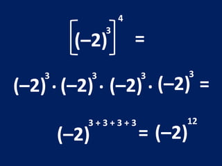 (–2) 3 4 = . . . = (–2) 3 + 3 + 3 + 3 = (–2) 12 (–2) 3 (–2) 3 (–2) 3 (–2) 3 