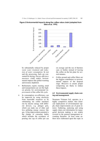 T. Viere, S. Schaltegger, J.v. Enden / Issues in Social and Environmental Accounting 2 (2007) 296-310                        305


    Figure 2 Environmental impacts along the coffee value chain (adapted from
                                Diers et al. 1999)




                          % of total environmental impact
                                                                 50%

                                                                 40%

                                                                 30%

                                                                 20%

                                                                 10%

                                                                  0%
                                                                            g




                                                                                                                        l
                                                                                        e



                                                                                                                       g



                                                                                                                        il


                                                                                                                       a
                                                                          in




                                                                                                                    ta
                                                                                    f fe



                                                                                                                   ti n




                                                                                                                   os
                                                                        ss




                                                                                                                Re
                                                                                  co




                                                                                                               isp
                                                                                                                as
                                                                      ce




                                                                                                             Ro




                                                                                                              D
                                                                                                              &
                                                                   ro



                                                                                w




                                                                                                           de



                                                                                                            &
                                                                 .p



                                                                              a
                                                                            fr




                                                                                                          n
                                                                                                         a
                                                               cl




                                                                                                      ti o
                                                                          to




                                                                                                      Tr
                                                            in




                                                                                                    p
                                                                        or
                                                            n




                                                                                                   m
                                                                    p
                         tio




                                                                                                su
                                                                  ns
                       uc




                                                                                             on
                                                                  a
                                                                Tr
                     od




                                                                                            C
                   Pr




      be substantially reduced by proper                                                           on average and the use of thermos
      waste water treatment and reduc-                                                             cans or bottles instead of leaving
      tion of water consumption. In wet                                                            the coffee on the hot plate for sev-
      and dry processing, fuels are con-                                                           eral minutes.
      sumed for drying. Energy-efficiency
                                                                                             •     Coffee ground and coffee filters are
      measures could reduce environ-
                                                                                                   the biggest contributors to environ-
      mental impacts like global warming
                                                                                                   mental impacts of the disposal
      and resource depletion.
                                                                                                   stage. Measures to ensure proper
•     Refinement, export, roasting, retail                                                         composting are likely to reduce
      and transportation are not the high-                                                         these impacts.
      est priority for environmental im-
      provements of the coffee life cycle.
                                                                                             4.3 Environmental supply chain cost-
•     In consumption eco-efficiency can                                                      ing and management
      be improved by using electricity
      from renewable resources or by                                                         Neumann Vietnam Ltd. operates in a
      substituting the coffee machines                                                       highly competitive market, thus finan-
      run by electric energy with differ-                                                    cial implications of environmental sup-
      ent devices, e.g. plunger pots,                                                        ply chain improvements are of great in-
      which can make use of other and                                                        terest. Gathering, analysing and using
      less polluting energy sources like                                                     supply chain cost information for mana-
      gas. A big improvement potential is                                                    gerial decision making is not widely
      the change of consumer habits                                                          covered in the general management ac-
      which includes the avoidance of                                                        counting literature. At least some au-
      pouring one cup of coffee per can                                                      thors have elaborated upon this topic in
 