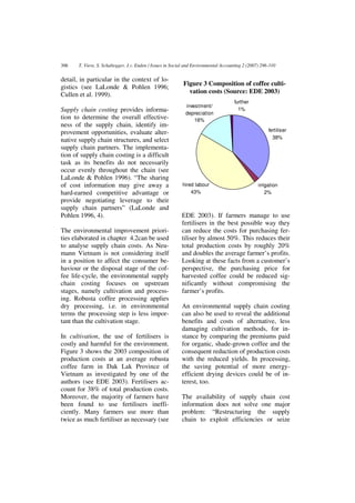 306    T. Viere, S. Schaltegger, J.v. Enden / Issues in Social and Environmental Accounting 2 (2007) 296-310


detail, in particular in the context of lo-
                                                            Figure 3 Composition of coffee culti-
gistics (see LaLonde & Pohlen 1996;
Cullen et al. 1999).                                          vation costs (Source: EDE 2003)
                                                                                      further
                                                             investment/
Supply chain costing provides informa-                       depreciation
                                                                                        1%
tion to determine the overall effective-                         16%
ness of the supply chain, identify im-
provement opportunities, evaluate alter-                                                                fertiliser
                                                                                                          38%
native supply chain structures, and select
supply chain partners. The implementa-
tion of supply chain costing is a difficult
task as its benefits do not necessarily
occur evenly throughout the chain (see
LaLonde & Pohlen 1996). “The sharing
of cost information may give away a                         hired labour                           irrigation
hard-earned competitive advantage or                            43%                                    2%
provide negotiating leverage to their
supply chain partners” (LaLonde and
Pohlen 1996, 4).                                            EDE 2003). If farmers manage to use
                                                            fertilisers in the best possible way they
The environmental improvement priori-                       can reduce the costs for purchasing fer-
ties elaborated in chapter 4.2can be used                   tiliser by almost 50%. This reduces their
to analyse supply chain costs. As Neu-                      total production costs by roughly 20%
mann Vietnam is not considering itself                      and doubles the average farmer’s profits.
in a position to affect the consumer be-                    Looking at these facts from a customer’s
haviour or the disposal stage of the cof-                   perspective, the purchasing price for
fee life-cycle, the environmental supply                    harvested coffee could be reduced sig-
chain costing focuses on upstream                           nificantly without compromising the
stages, namely cultivation and process-                     farmer’s profits.
ing. Robusta coffee processing applies
dry processing, i.e. in environmental                       An environmental supply chain costing
terms the processing step is less impor-                    can also be used to reveal the additional
tant than the cultivation stage.                            benefits and costs of alternative, less
                                                            damaging cultivation methods, for in-
In cultivation, the use of fertilisers is                   stance by comparing the premiums paid
costly and harmful for the environment.                     for organic, shade-grown coffee and the
Figure 3 shows the 2003 composition of                      consequent reduction of production costs
production costs at an average robusta                      with the reduced yields. In processing,
coffee farm in Dak Lak Province of                          the saving potential of more energy-
Vietnam as investigated by one of the                       efficient drying devices could be of in-
authors (see EDE 2003). Fertilisers ac-                     terest, too.
count for 38% of total production costs.
Moreover, the majority of farmers have                      The availability of supply chain cost
been found to use fertilisers ineffi-                       information does not solve one major
ciently. Many farmers use more than                         problem: “Restructuring the supply
twice as much fertiliser as necessary (see                  chain to exploit efficiencies or seize
 