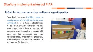 Definir las barreras para el aprendizaje y la participación
Son factores que impiden total o
parcialmente el cumplimiento de una
actividad, no solo las arquitectónicas
o de accesibilidad, también de las
que surgen de la interacción con el
contexto que los rodean, ya que allí
aparecen las personas con sus
concepciones, imaginarios, practicas,
metodologías que son las que no se
evidencian fácilmente.
Diseño e Implementación del PIAR
 