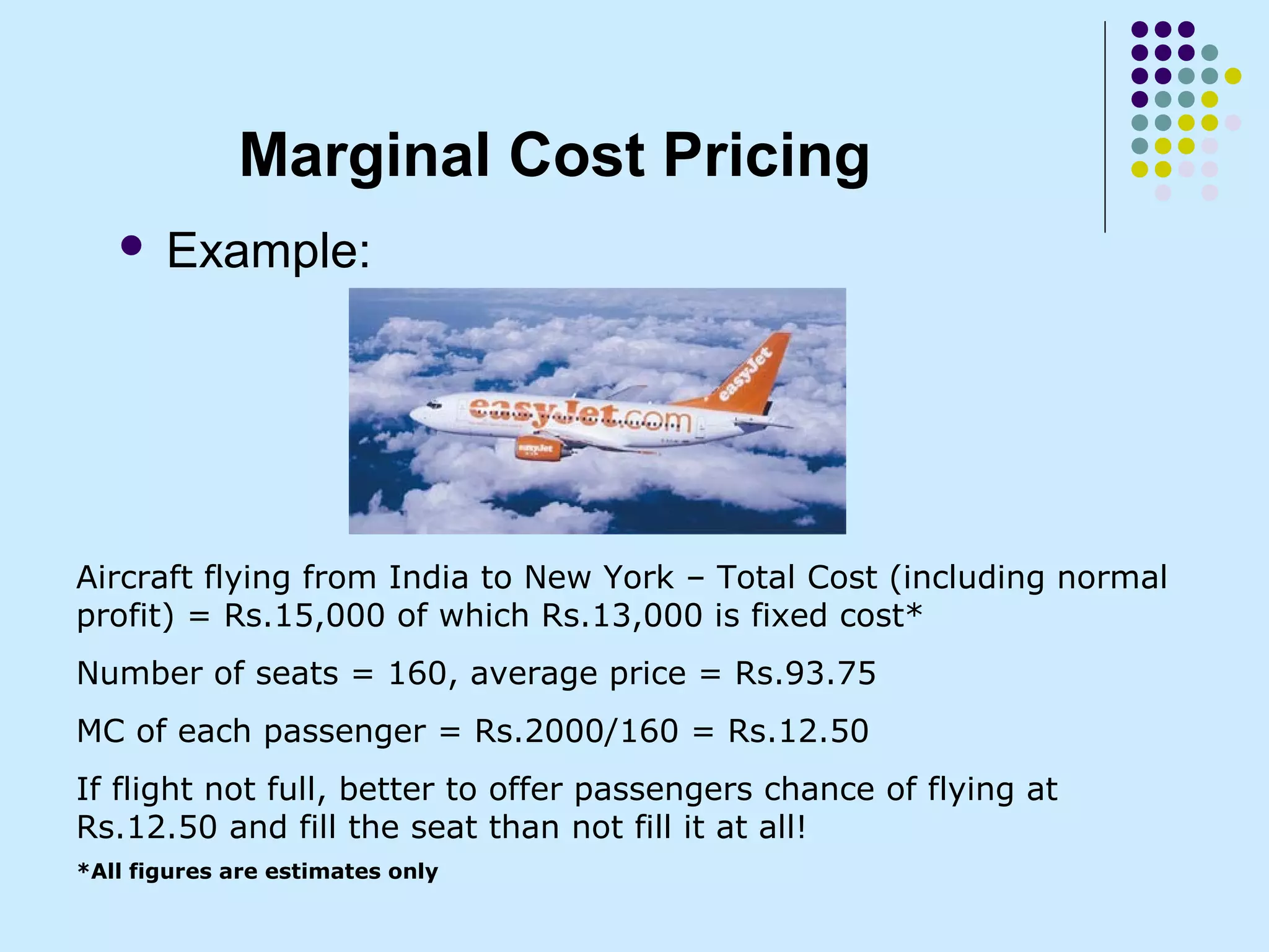 Marginal Cost Pricing
      Example:




Aircraft flying from India to New York – Total Cost (including normal
profit) = Rs.15,000 of which Rs.13,000 is fixed cost*
Number of seats = 160, average price = Rs.93.75
MC of each passenger = Rs.2000/160 = Rs.12.50
If flight not full, better to offer passengers chance of flying at
Rs.12.50 and fill the seat than not fill it at all!
*All figures are estimates only
 