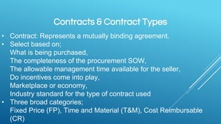 Contracts & Contract Types
• Contract: Represents a mutually binding agreement.
• Select based on;
What is being purchased,
The completeness of the procurement SOW,
The allowable management time available for the seller,
Do incentives come into play,
Marketplace or economy,
Industry standard for the type of contract used
• Three broad categories;
Fixed Price (FP), Time and Material (T&M), Cost Reimbursable
(CR)
 