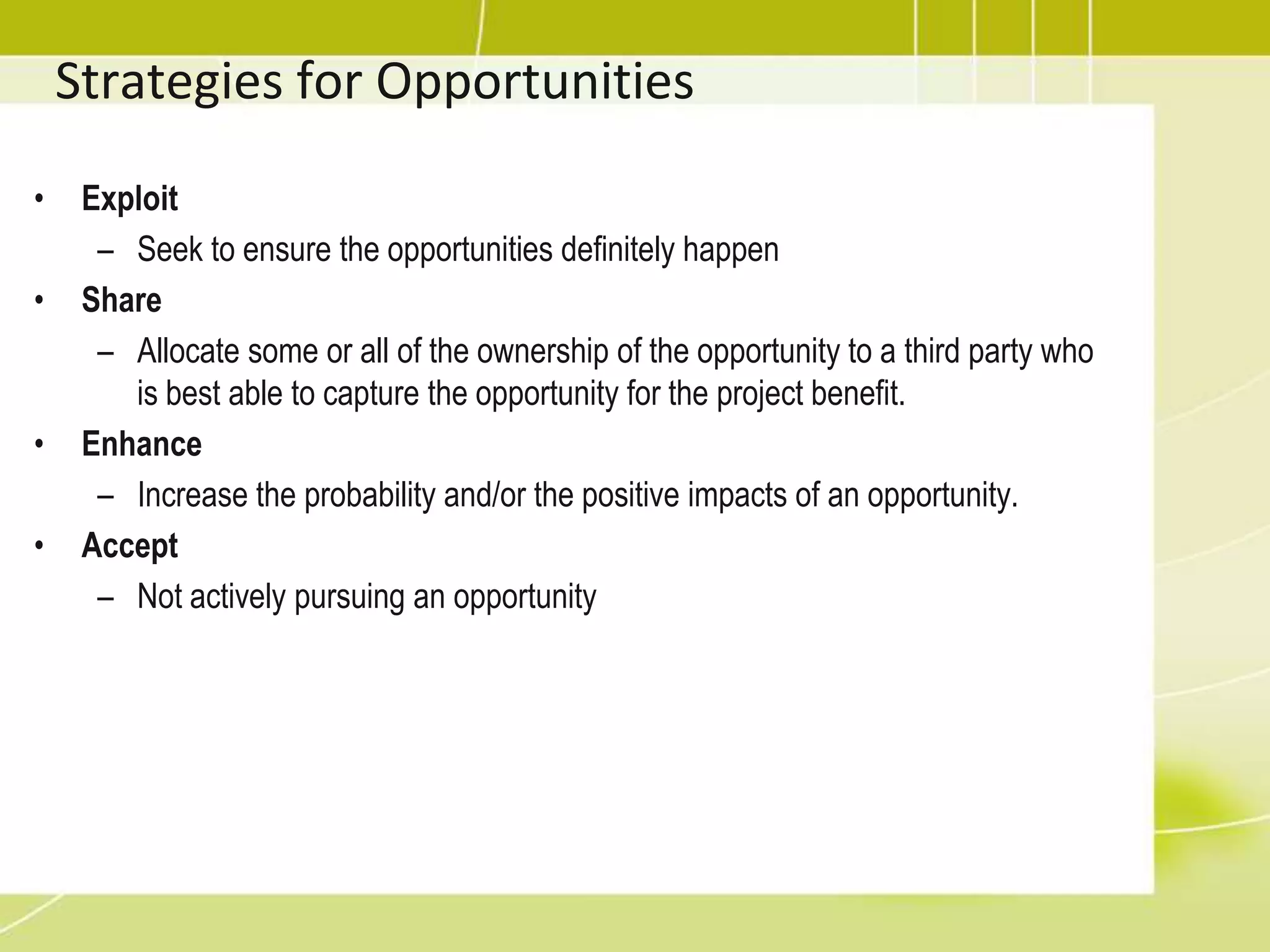 Risk Register UpdatesUpdate/add additional information to previous output i.e. Risk Register, which include:Relative ranking/priorityRisk grouped by categoriesList of risk requiring additional analysis in the near termList of risk for additional analysis and responseWatch-list (non-critical or non-top risks)TrendsSince risk analysis process is iterative, PM should know if risk is increasing, decreasing or staying the sameCause of risk requiring particular attention