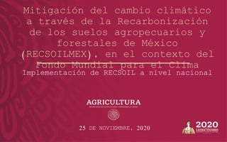 Mitigación del cambio climático
a través de la Recarbonización
de los suelos agropecuarios y
forestales de México
(RECSOILMEX), en el contexto del
Fondo Mundial para el Clima
Implementación de RECSOIL a nivel nacional
25 DE NOVIEMBRE, 2020
 