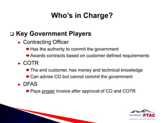 Who’s in Charge?Key Government PlayersContracting Officer Has the authority to commit the governmentAwards contracts based on customer defined requirementsCOTRThe end customer, has money and technical knowledgeCan advise CO but cannot commit the governmentDFASPays proper invoice after approval of CO and COTR