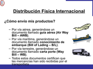 ¿Cómo envío mis productos?
– Por vía aérea, generándose un
documento llamado guía aérea (Air Way
Bill – AWB).
– Por vía marítima, generándose un
documento llamado conocimiento de
embarque (Bill of Lading – B/L).
– Por vía terrestre, generándose un
documento llamado carta porte (Way
Bill – WB).
– Todos estos documentos certifican que
las mercancías han sido recibidas por el
transportista.
Distribución Física Internacional
 