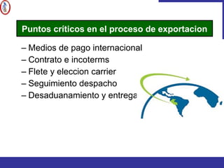 – Medios de pago internacional
– Contrato e incoterms
– Flete y eleccion carrier
– Seguimiento despacho
– Desaduanamiento y entrega
Puntos críticos en el proceso de exportacion
 