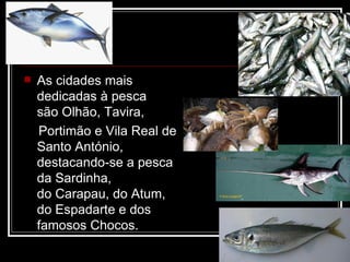 Pesca
   As cidades mais 
    dedicadas à pesca 
    são Olhão, Tavira, 
    Portimão e Vila Real de 
    Santo António, 
    destacando-se a pesca 
    da Sardinha, 
    do Carapau, do Atum, 
    do Espadarte e dos 
    famosos Chocos.
 