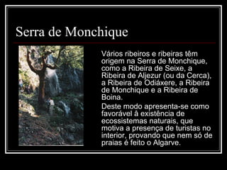 Serra de Monchique
             Vários ribeiros e ribeiras têm 
             origem na Serra de Monchique, 
             como a Ribeira de Seixe, a 
             Ribeira de Aljezur (ou da Cerca), 
             a Ribeira de Odiáxere, a Ribeira 
             de Monchique e a Ribeira de 
             Boina. 
             Deste modo apresenta-se como 
             favorável â existência de 
             ecossistemas naturais, que 
             motiva a presença de turistas no 
             interior, provando que nem só de 
             praias é feito o Algarve.
 