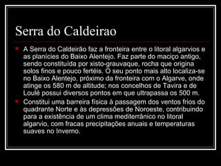 Serra do Caldeirao
   A Serra do Caldeirão faz a fronteira entre o litoral algarvios e 
    as planícies do Baixo Alentejo. Faz parte do maciço antigo, 
    sendo constituída por xisto-grauvaque, rocha que origina 
    solos finos e pouco fertéis. O seu ponto mais alto localiza-se 
    no Baixo Alentejo, próximo da fronteira com o Algarve, onde 
    atinge os 580 m de altitude; nos concelhos de Tavira e de 
    Loulé possui diversos pontos em que ultrapassa os 500 m.
   Constitui uma barreira física à passagem dos ventos frios do 
    quadrante Norte e às depressões de Noroeste, contribuindo 
    para a existência de um clima mediterrânico no litoral 
    algarvio, com fracas precipitações anuais e temperaturas 
    suaves no Inverno.
 