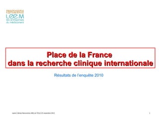 Place de la France  dans la recherche clinique internationale Résultats de l’enquête 2010 