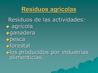 Residuos agrícolas
Residuos de las actividades:
 agrícola
ganadera
pesca
forestal
los producidos por industrias
alimenticias.
 