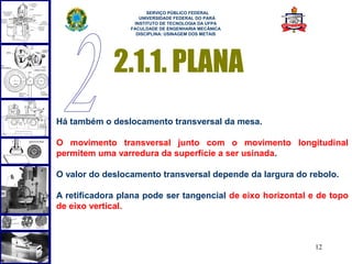  
                       SERVIÇO PÚBLICO FEDERAL
                    UNIVERSIDADE FEDERAL DO PARÁ
                  INSTITUTO DE TECNOLOGIA DA UFPA
                 FACULDADE DE ENGENHARIA MECÂNICA
                   DISCIPLINA: USINAGEM DOS METAIS




             2.1.1. PLANA
Há também o deslocamento transversal da mesa.

O movimento transversal junto com o movimento longitudinal
permitem uma varredura da superfície a ser usinada.

O valor do deslocamento transversal depende da largura do rebolo.

A retificadora plana pode ser tangencial de eixo horizontal e de topo
de eixo vertical.



                                                             12
 