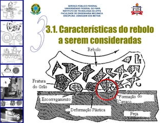  
          SERVIÇO PÚBLICO FEDERAL
       UNIVERSIDADE FEDERAL DO PARÁ
     INSTITUTO DE TECNOLOGIA DA UFPA
    FACULDADE DE ENGENHARIA MECÂNICA
      DISCIPLINA: USINAGEM DOS METAIS




3.1. Características do rebolo
     a serem consideradas
 