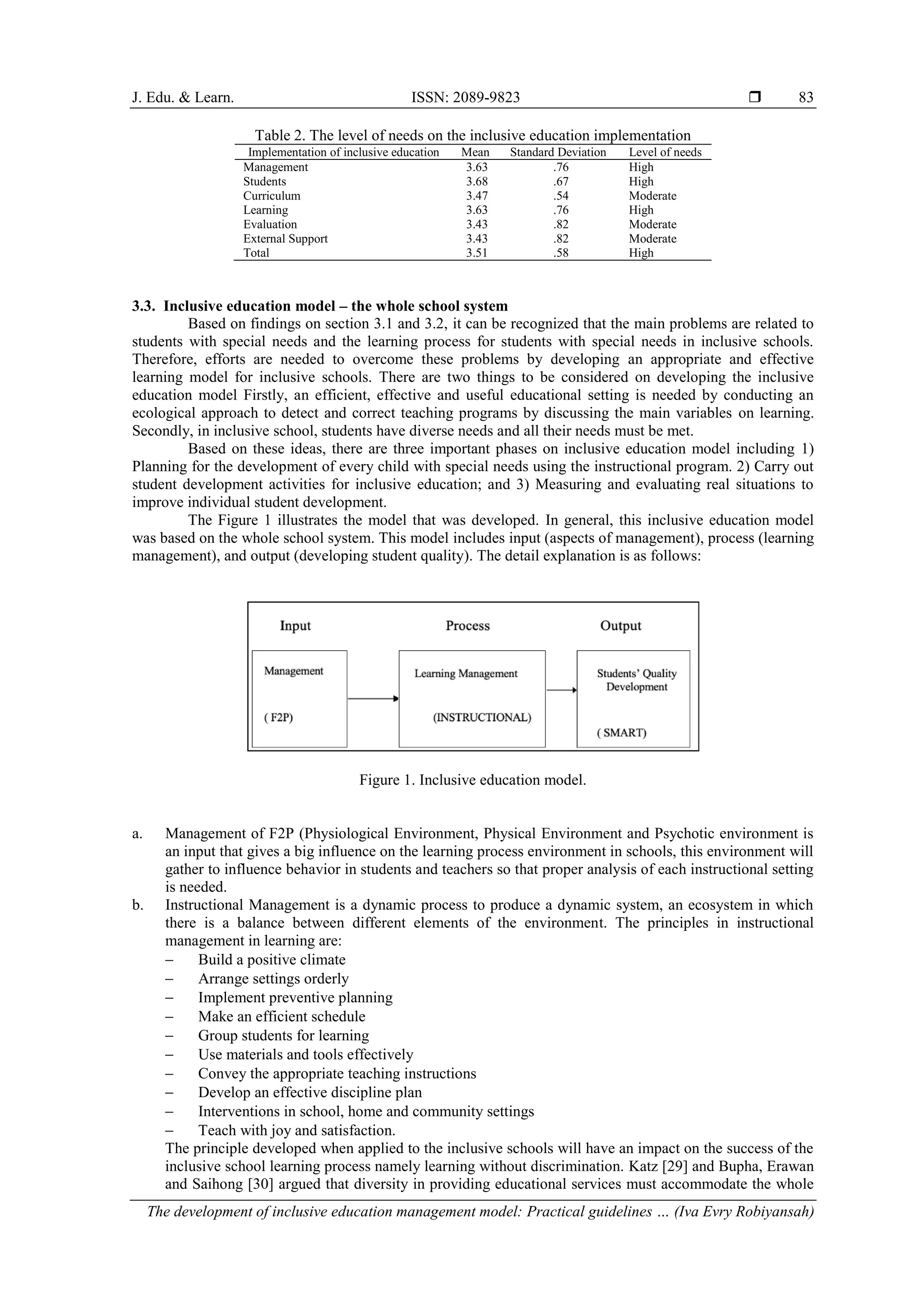J. Edu. & Learn. ISSN: 2089-9823 
The development of inclusive education management model: Practical guidelines … (Iva Evry Robiyansah)
83
Table 2. The level of needs on the inclusive education implementation
Implementation of inclusive education Mean Standard Deviation Level of needs
Management 3.63 .76 High
Students 3.68 .67 High
Curriculum 3.47 .54 Moderate
Learning 3.63 .76 High
Evaluation 3.43 .82 Moderate
External Support 3.43 .82 Moderate
Total 3.51 .58 High
3.3. Inclusive education model – the whole school system
Based on findings on section 3.1 and 3.2, it can be recognized that the main problems are related to
students with special needs and the learning process for students with special needs in inclusive schools.
Therefore, efforts are needed to overcome these problems by developing an appropriate and effective
learning model for inclusive schools. There are two things to be considered on developing the inclusive
education model Firstly, an efficient, effective and useful educational setting is needed by conducting an
ecological approach to detect and correct teaching programs by discussing the main variables on learning.
Secondly, in inclusive school, students have diverse needs and all their needs must be met.
Based on these ideas, there are three important phases on inclusive education model including 1)
Planning for the development of every child with special needs using the instructional program. 2) Carry out
student development activities for inclusive education; and 3) Measuring and evaluating real situations to
improve individual student development.
The Figure 1 illustrates the model that was developed. In general, this inclusive education model
was based on the whole school system. This model includes input (aspects of management), process (learning
management), and output (developing student quality). The detail explanation is as follows:
Figure 1. Inclusive education model.
a. Management of F2P (Physiological Environment, Physical Environment and Psychotic environment is
an input that gives a big influence on the learning process environment in schools, this environment will
gather to influence behavior in students and teachers so that proper analysis of each instructional setting
is needed.
b. Instructional Management is a dynamic process to produce a dynamic system, an ecosystem in which
there is a balance between different elements of the environment. The principles in instructional
management in learning are:
 Build a positive climate
 Arrange settings orderly
 Implement preventive planning
 Make an efficient schedule
 Group students for learning
 Use materials and tools effectively
 Convey the appropriate teaching instructions
 Develop an effective discipline plan
 Interventions in school, home and community settings
 Teach with joy and satisfaction.
The principle developed when applied to the inclusive schools will have an impact on the success of the
inclusive school learning process namely learning without discrimination. Katz [29] and Bupha, Erawan
and Saihong [30] argued that diversity in providing educational services must accommodate the whole
 