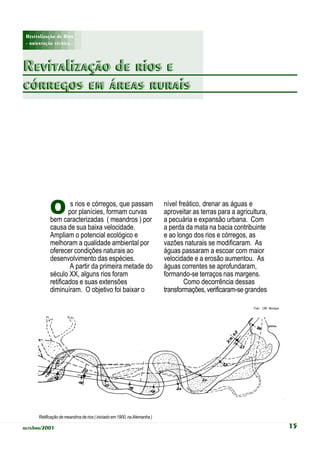 Revitalização de Rios
 - orientação técnica -



Revitalização de rios e
córregos em áreas rurais




            O        s rios e córregos, que passam
                    por planícies, formam curvas
            bem caracterizadas ( meandros ) por
                                                                          nível freático, drenar as águas e
                                                                          aproveitar as terras para a agricultura,
                                                                          a pecuária e expansão urbana. Com
            causa de sua baixa velocidade.                                a perda da mata na bacia contribuinte
            Ampliam o potencial ecológico e                               e ao longo dos rios e córregos, as
            melhoram a qualidade ambiental por                            vazões naturais se modificaram. As
            oferecer condições naturais ao                                águas passaram a escoar com maior
            desenvolvimento das espécies.                                 velocidade e a erosão aumentou. As
                    A partir da primeira metade do                        águas correntes se aprofundaram,
            século XX, alguns rios foram                                  formando-se terraços nas margens.
            retificados e suas extensões                                          Como decorrência dessas
            diminuíram. O objetivo foi baixar o                           transformações, verificaram-se grandes

                                                                                                            Foto: LfW, Munique




      Retificação de meandros de rios ( iniciado em 1900, na Alemanha )

outubro/2001                                                                                                                     15
 