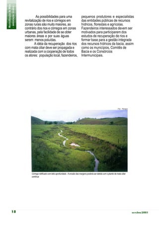 Revitalização de Rios
- orientação técnica -
                                   As possibilidades para uma                           pequenos produtores e especialistas
                         revitalização de rios e córregos em                            das entidades públicas de recursos
                         zonas rurais são muito maiores, ao                             hídricos, florestais e agrícolas.
                         contrário dos rios e córregos em zonas                         Fazendeiros interessados devem ser
                         urbanas, pela facilidade de se obter                           motivados para participarem dos
                         maiores áreas e por suas águas                                 estudos de recuperação de rios e
                         serem menos poluídas.                                          formar base para a gestão integrada
                                  A idéia da recuperação dos rios                       dos recursos hídricos da bacia, assim
                         com mata ciliar deve ser propagada e                           como os municípios, Comitês de
                         realizada com a cooperação de todos                            Bacia e os Consórcios
                         os atores: população local, fazendeiros,                       Intermunicipais.




                                                                                                                                  Foto: Planágua




                              Córrego retificado com leito aprofundado. A erosão das margens poderia ser detida com o plantio de mata ciliar
                              contínua




           18                                                                                                                                      outubro/2001
 