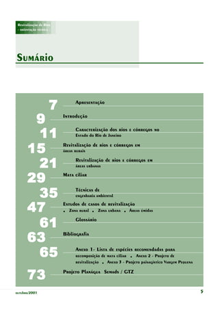 Revitalização de Rios
 - orientação técnica -




Sumário



                     7           Apresentação


        9                 Introdução


        11
                                 Caracterização dos rios e córregos no
                                 Estado do Rio de Janeiro


       15                 Revitalização de rios e córregos em
                          áreas rurais


        21                       Revitalização de rios e córregos em
                                 áreas urbanas


       29                 Mata ciliar



        35                       Técnicas de
                                 engenharia ambiental


       47                 Estudos de casos de revitalização
                          .   Zona rural   .   Zona urbana   .   Áreas úmidas


        61                       Glossário



       63                 Bibliografia



        65                       Anexo 1- Lista de espécies recomendadas para
                                 recomposição de mata ciliar     .
                                                                Anexo 2 - Projeto de
                                 revitalização   .
                                                 Anexo 3 - Projeto paisagístico Vargem Pequena


       73                 Projeto Planágua Semads / GTZ


outubro/2001                                                                                     5
 