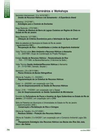 Revitalização de Rios
- orientação técnica -

                                                               Workshops
                                                  Seminários e Workshops
                         Seminário Internacional ( 13 e 14/10/1997 )
                           Gestão de Recursos Hídricos e de Saneamento – A Experiência Alemã
                         Workshop ( 5/12/1997 )
                           Estratégias para o Controle de Enchentes
                         Mesa Redonda ( 27/5/1998 )
                           Critérios de Abertura de Barra de Lagoas Costeiras em Regime de Cheia no
                         Estado do Rio de Janeiro

                         Mesa Redonda ( 6/7/1998 )
                           Utilização de Critérios Econômicos para a Valorização da Água no Brasil

                         Série de palestras em Municípios do Estado do Rio de Janeiro
                         ( agosto/setembro1998 )
                            Recuperação de Rios – Possibilidades e Limites da Engenharia Ambiental

                         Visita Técnica sobre Meio Ambiente e Recursos Hídricos à Alemanha
                            12 – 26/9/1998 ( Grupo de Coordenação do Projeto Planágua )

                         Estágio Gestão de Recursos Hídricos – Renaturalização de Rios
                            14/6 – 17/7/1999, na Baviera/Alemanha ( 6 técnicos da Serla )

                         Visita Técnica Gestão Ambiental/Recursos Hídricos à Alemanha
                            24 – 31/10/1999 ( Semads, Secplan )

                         Seminário ( 25 e 26/11/1999 )
                           Planos Diretores de Bacias Hidrográficas

                         Oficina de Trabalho ( 3 – 5/5/2000 )
                            Regulamentação da Lei Estadual de Recursos Hídricos

                         Curso ( 4 – 6/9/2000 ) em cooperação com Cide
                           Uso de Geoprocessamento na Gestão de Recursos Hídricos

                         Curso ( 21/8 – 11/9/2000 ) em cooperação com a Seaapi
                           Uso de Geoprocessamento na Gestão Sustentável de Microbacias

                         Encontro de Perfuradores de Poços e Usuários de Água Subterrânea no Estado do Rio de
                         Janeiro ( 27/10/2000 ) em cooperação com o DRM

                         Série de Palestras em Municípios e Universidades do Estado do Rio de Janeiro
                         ( outubro/novembro 2000 )
                            Conservação e Revitalização de Rios e Córregos
                         Oficina de Trabalho ( 8 e 9/11/2000 )
                            Resíduos Sólidos – Proteção dos Recursos Hídricos
                         Oficina de Trabalho ( 5 e 6/4/2001 ) em cooperação com o Consórcio Ambiental Lagos São
                         João
                            Planejamento Estratégico dos Recursos Hídricos nas Bacias dos Rios São João,
                         Una e das Ostras

           74                                                                                           outubro/2001
 