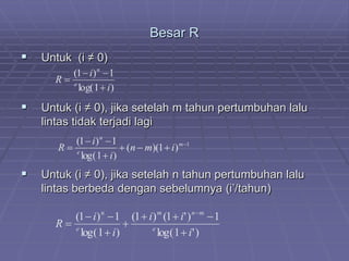 Besar R
 Untuk (i ≠ 0)
 Untuk (i ≠ 0), jika setelah m tahun pertumbuhan lalu
lintas tidak terjadi lagi
 Untuk (i ≠ 0), jika setelah n tahun pertumbuhan lalu
lintas berbeda dengan sebelumnya (i’/tahun)
)1log(
1)1(
i
i
R e
n
+
−−
=
1
)1)((
)1log(
1)1( −
+−+
+
−−
= m
e
n
imn
i
i
R
)'1log(
1)'1()1(
)1log(
1)1(
i
ii
i
i
R e
mnm
e
n
+
−++
+
+
−−
=
−
 