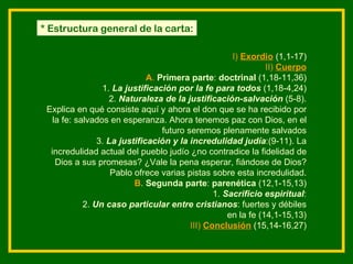 I)  Exordio   (1,1-17) II)  Cuerpo A .   Primera parte :  doctrinal  (1,18-11,36) 1.  La justificación por la fe para todos  (1,18-4,24) 2.  Naturaleza de la justificación-salvación  (5-8). Explica en qué consiste aquí y ahora el don que se ha recibido por la fe: salvados en esperanza. Ahora tenemos paz con Dios, en el futuro seremos plenamente salvados 3.  La justificación y la incredulidad judía :(9-11). La incredulidad actual del pueblo judío ¿no contradice la fidelidad de Dios a sus promesas? ¿Vale la pena esperar, fiándose de Dios? Pablo ofrece varias pistas sobre esta incredulidad. B .  Segunda parte :  parenética  (12,1-15,13) 1.  Sacrificio espiritual : 2.  Un caso particular entre cristianos : fuertes y débiles en la fe (14,1-15,13 ) III)  Conclusión   (15,14-16,27) * Estructura general de la carta: 
