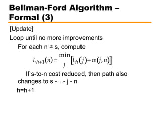 Bellman-Ford Algorithm –
Formal (3)
[Update]
Loop until no more improvements
For each n ≠ s, compute
If s-to-n cost reduced, then path also
changes to s -…- j - n
h=h+1
Lh+1 n( )=
min
j
Lh j( )+ w j, n( )[ ]
 