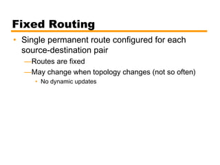 Fixed Routing
• Single permanent route configured for each
source-destination pair
—Routes are fixed
—May change when topology changes (not so often)
• No dynamic updates
 