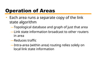 Operation of Areas
• Each area runs a separate copy of the link
state algorithm
—Topological database and graph of just that area
—Link state information broadcast to other routers
in area
—Reduces traffic
—Intra-area (within area) routing relies solely on
local link state information
 