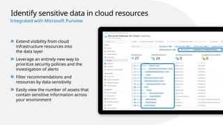 Identify sensitive data in cloud resources
Integrated with Microsoft Purview
Extend visibility from cloud
infrastructure resources into
the data layer
Leverage an entirely new way to
prioritize security policies and the
investigation of alerts
Filter recommendations and
resources by data sensitivity
Easily view the number of assets that
contain sensitive information across
your environment
 