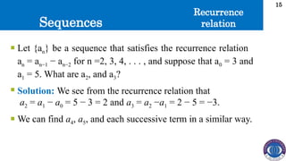 Sequences
15
 Let {an} be a sequence that satisfies the recurrence relation
an = an−1 − an−2 for n =2, 3, 4, . . . , and suppose that a0 = 3 and
a1 = 5. What are a2, and a3?
 Solution: We see from the recurrence relation that
a2 = a1 − a0 = 5 − 3 = 2 and a3 = a2 −a1 = 2 − 5 = −3.
 We can find a4, a5, and each successive term in a similar way.
Recurrence
relation
 