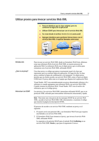 Crear y consumir servicios Web XML        17



Utilizar proxies para invocar servicios Web XML

                                           Parecen idénticos que la clase original, pero no
                                           contienen la lógica de la aplicación
                                           Utilizan SOAP para interactuar con el servicio Web XML
                                           Se crean desde el archivo NombreServicio.asmx.wsdl
                                           Agregan miembros para gestionar interacciones con el
                                           servicio Web XML o soportar llamadas asíncronas

                                             Web
                                             Form                  Internet            Servicio
                                                                                       Web XML
                                                           SOAP
                                                Proxy

*****************************




Introducción                    Para invocar un servicio Web XML desde un formulario Web Form, debemos
                                crear una referencia Web al servicio Web XML en nuestro proyecto de
                                aplicación Web. La referencia Web crea el objeto proxy que se utiliza para
                                comunicar con el servicio Web XML utilizando SOAP.
¿Qué es un proxy?               Una clase proxy es código que parece exactamente igual a la clase que
                                representa, pero no contiene lógica de aplicación. En lugar de ello, la clase
                                proxy contiene la lógica de combinación y de transporte. Un objeto proxy
                                permite que un cliente acceda a un servicio Web XML como si fuera un objeto
                                COM local. El proxy debe estar en el equipo que dispone de la aplicación Web.
                                Visual Studio .NET crea automáticamente un proxy denominado reference.vb o
                                reference.cs cuando agregamos una referencia Web a un servicio Web XML.
                                Cuando creamos la referencia Web, Visual Studio .NET crea el archivo de
                                referencia, que es el código proxy.
Interactuar con SOAP            Los proxies y los servicios Web XML interactúan utilizando SOAP, que es un
                                protocolo XML utilizado para intercambiar información estructurada y tipada.

                                Nota Para tener una vista previa de los mensajes SOAP de un servicio Web
                                XML, acceder al servicio Web XML URL directamente y examinar el código
                                que muestra la página de descripción HTML.

                                El proceso de acceder a un servicio Web XML mediante un proxy es el
                                siguiente:
                                1. El usuario envía una petición URL a un formulario Web Form que requiere
                                   una llamada a un servicio Web XML.
                                2. El formulario Web Form instancia el proxy, que invoca el servicio Web
                                   XML utilizando SOAP.
                                   La siguiente es la petición SOAP para el método Web GetRating en un
                                   servicio Web XML Stocks y que pasa el argumento Contoso:
 