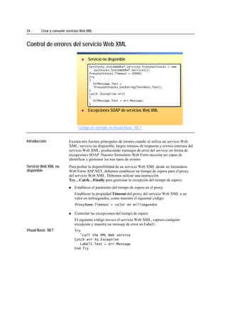 24                 Crear y consumir servicios Web XML



Control de errores del servicio Web XML

                                                  Servicio no disponible
                                                   GetStocks.StockWebRef.Service1 ProxyGetStocks = new
                                                   GetStocks.StockWebRef.Service1 ProxyGetStocks = new
                                                      GetStocks.StockWebRef.Service1();
                                                       GetStocks.StockWebRef.Service1();
                                                   ProxyGetStocks.Timeout = 10000;
                                                   ProxyGetStocks.Timeout = 10000;
                                                   try
                                                   try
                                                   {
                                                   {
                                                     lblMessage.Text =
                                                     lblMessage.Text =
                                                      ProxyGetStocks.GetRating(TextBox1.Text);
                                                       ProxyGetStocks.GetRating(TextBox1.Text);
                                                   }
                                                   }
                                                   catch (Exception err)
                                                   catch (Exception err)
                                                   {
                                                   {
                                                     lblMessage.Text = err.Message;
                                                     lblMessage.Text = err.Message;
                                                   }
                                                   }

                                                  Excepciones SOAP de servicios Web XML



                                           Código de ejemplo en Visual Basic .NET
*****************************




Introducción                         Existen tres fuentes principales de errores cuando se utiliza un servicio Web
                                     XML: servicio no disponible, largos retrasos de respuesta y errores internos del
                                     servicio Web XML, produciendo mensajes de error del servicio en forma de
                                     excepciones SOAP. Nuestro formulario Web Form necesita ser capaz de
                                     identificar y gestionar los tres tipos de errores.
Servicio Web XML no                  Para probar la disponibilidad de un servicio Web XML desde un formulario
disponible                           Web Form ASP.NET, debemos establecer un tiempo de espera para el proxy
                                     del servicio Web XML. Debemos utilizar una instrucción
                                     Try…Catch…Finally para gestionar la excepción del tiempo de espera:
                                         Establecer el parámetro del tiempo de espera en el proxy
                                         Establecer la propiedad Timeout del proxy del servicio Web XML a un
                                         valor en milisegundos, como muestra el siguiente código:
                                         ProxyName.Timeout = valor en milisegundos

                                         Controlar las excepciones del tiempo de espera
                                         El siguiente código invoca el servicio Web XML, captura cualquier
                                         excepción y muestra un mensaje de error en Label1:
Visual Basic .NET                        Try
                                            'call the XML Web service
                                         Catch err As Exception
                                            Label1.Text = err.Message
                                         End Try
 