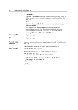 32       Crear y consumir servicios Web XML


                               Codebehind
                               El atributo Codebehind identifica el nombre y la ubicación de la página de
                               código subyacente .asmx.vb o .asmx.cs que contiene la lógica del servicio
                               Web XML.
                               Class
                               El atributo Class identifica la clase base que soporta esta instancia de un
                               servicio Web XML.
                               En el archivo .asmx, debemos definir una clase que encapsule la
                               funcionalidad del servicio Web XML. Esta clase definida debería ser
                               pública, y debería heredarse de la clase base del servicio Web XML.
                               La clase predeterminada del servicio Web XML es:
Visual Basic .NET              Class Service1

C#                             class Service1


Página de código           El archivo de código subyacente es la página que contiene la lógica del servicio
subyacente                 Web XML.
                           El código predeterminado de una página de código subyacente es:
Visual Basic .NET          Imports System.Web.Services

                           <WebService(Namespace := "http://tempuri.org/")> _
                           Public Class Service1
                               Inherits System.Web.Services.WebService

                           '<WebMethod()> Public Function HelloWorld() As String
                           '   HelloWorld = "Hello World"
                           ' End Function

                           End Class
 
