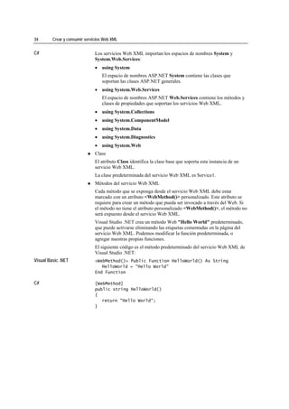 34       Crear y consumir servicios Web XML


C#                             Los servicios Web XML importan los espacios de nombres System y
                               System.Web.Services:
                               • using System
                                  El espacio de nombres ASP.NET System contiene las clases que
                                  soportan las clases ASP.NET generales.
                               • using System.Web.Services
                                  El espacio de nombres ASP.NET Web.Services contiene los métodos y
                                  clases de propiedades que soportan los servicios Web XML.
                               • using System.Collections
                               • using System.ComponentModel
                               • using System.Data
                               • using System.Diagnostics
                               • using System.Web
                               Class
                               El atributo Class identifica la clase base que soporta esta instancia de un
                               servicio Web XML.
                               La clase predeterminada del servicio Web XML es Service1.
                               Métodos del servicio Web XML
                               Cada método que se exponga desde el servicio Web XML debe estar
                               marcado con un atributo <WebMethod()> personalizado. Este atributo se
                               requiere para crear un método que pueda ser invocado a través del Web. Si
                               el método no tiene el atributo personalizado <WebMethod()>, el método no
                               será expuesto desde el servicio Web XML.
                               Visual Studio .NET crea un método Web "Hello World" predeterminado,
                               que puede activarse eliminando las etiquetas comentadas en la página del
                               servicio Web XML. Podemos modificar la función predeterminada, o
                               agregar nuestras propias funciones.
                               El siguiente código es el método predeterminado del servicio Web XML de
                               Visual Studio .NET:
Visual Basic .NET              <WebMethod()> Public Function HelloWorld() As String
                                  HelloWorld = "Hello World"
                               End Function

C#                             [WebMethod]
                               public string HelloWorld()
                               {
                                  return "Hello World";
                               }
 