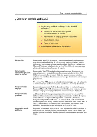 Crear y consumir servicios Web XML       3



¿Qué es un servicio Web XML?

                                            Lógica programable accesible por protocolos Web
                                            estándares
                                               Permite a las aplicaciones enviar y recibir
                                               información a través de Internet
                                               Independiente de lenguaje, protocolo y plataforma
                                               Arquitectura sin estado
                                               Puede ser asíncrono
                                            Basado en un estándar W3C desarrollado




*****************************




Introducción                    Los servicios Web XML se parecen a los componentes en la medida en que
                                representan una funcionalidad de caja negra que los desarrolladores pueden
                                utilizar para agregar características a un formulario Web Form, a aplicaciones
                                Microsoft Windows® o incluso a otro servicio Web XML, sin preocuparse de
                                cómo esté implementado el servicio de soporte.
Comunicación                    Los servicios Web XML están diseñados para interactuar directamente con
aplicación a aplicación a       otras aplicaciones a través de Internet. En consecuencia, los servicios Web
través de Internet              XML no tienen interfaz de usuario (IU), sino que proporcionan interfaces
                                definidos por estándares denominados contratos que describen los servicios que
                                proporcionan.
                                Un servicio Web XML puede ser utilizado internamente por una sola aplicación
                                o externamente por muchas aplicaciones accediendo a él a través de Internet.
Independencia del               La conexión a un servicio Web XML puede escribirse en cualquier lenguaje
lenguaje                        basado en Microsoft .NET. Gracias a esta flexibilidad, no es necesario aprender
                                un nuevo lenguaje cada vez que deseamos utilizar un servicio Web XML.
Independencia del               A diferencia de las tecnologías de componentes actuales, los servicios Web
protocolo                       XML no utilizan protocolos específicos para determinados modelos de objetos,
                                como el Modelo de Objetos de Componentes Distribuido (Distributed
                                Component Object Model, DCOM). Los servicios Web XML se comunican
                                utilizando protocolos Web y formatos de datos estándares, como HTTP, XML o
                                SOAP (Simple Object Access Protocol). Los servidores que soporten estos
                                estándares Web pueden acceder u hospedar servicios Web XML.
Independencia de la             Es posible acceder a los servicios Web XML mediante una interfaz estándar, lo
plataforma                      cual permite que sistemas distintos puedan trabajar juntos. Los servidores que
                                pueden soportar formularios Web Form también pueden soportar servicios Web
                                XML.
 