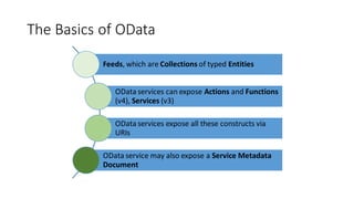 The Basics of OData
Feeds, which are Collections of typed Entities
OData services can expose Actions and Functions
(v4), Services (v3)
OData services expose all these constructs via
URIs
OData service may also expose a Service Metadata
Document
 