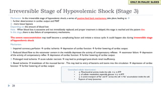 Generalized cellular deterioration:
• ↓ Mitochondrial activity inside the cells →↓ in ATP.
• ↓ of cellular metabolism, especially glucose →↓ in ATP.
• ↓ in active transport of Na+ and K+ across the cell → Na+ accumulation inside the cell.
• Rupture of many lysosomes.
28
ONLY IN MALES’ SLIDES
Irreversible Stage of Hypovolemic Shock (Stage 3)
Mechanism In the irreversible stage of hypovolemic shock, a series of positive feed back mechanisms take place, leading to à
1- further deterioration in cardiac output and MAP
2- more tissue hypoxia
Depending on: the amount of blood lost
How : When blood loss is excessive and not immediately replaced, and proper treatment is delayed, this stage is reached and the patient dies.
In this stage, there is also failure of compensatory mechanisms.
The severe vasoconstriction may itself become a complicating factor and initiate a vicious cycle. It could happen also during irreversible stage
of hypovolemic shock
Mechanism:
1- Impaired coronary perfusion à cardiac ischemia à depression of cardiac function à further lowering of cardiac output.
2- Reduced blood flow to the vasomoter centers in the medulla depresses the activity of compensatory reflexes à vasomotor failure à depression
of the activity of compensatory reflex à depression of cardiac function à further lowering of cardiac output.
3- Prolonged renal ischemia à acute tubular necrosis à may lead to prolonged post-shock renal insufficiency.
4- Bowel ischemia à breakdown of the mucosal barrier . This may lead to entry of bacteria and toxins into the circulation à depression of cardiac
function à further lowering of cardiac output
 