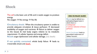 The cell is the basic unit of life and it needs oxygen to produce
energy.
No oxygen à No energy à No life
Circulatory shock: When the circulatory system is unable to
provide adequate circulation & tissue perfusion à decreased
availability of oxygen and nutrients à failure to deliver oxygen
to the tissues & vital body organs relative to its metabolic
requirement à cellular hypoxia and energy deficit .
Result: organ dysfunction and cellular damage. (not death)
If not quickly corrected: whole body failure à leads to
irreversible shock and death.
Shock
3
ONLY IN MALES’ SLIDES
Shock may be defined as a
pathophysiological state in
which there is :
1-widespread
2- serious reduction of tissue
perfusion
which if prolonged :leads to
generalized impairment of
cellular function.
Video of (Shock)
Duration: (9;10 mins)
Video of (Shock)
Duration: (16:28 mins)
 