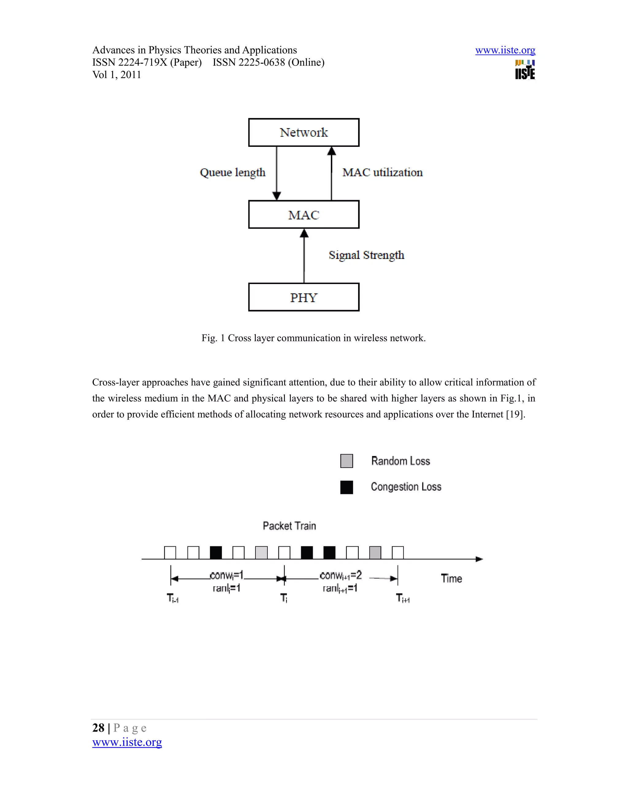 Advances in Physics Theories and Applications                                                  www.iiste.org
ISSN 2224-719X (Paper) ISSN 2225-0638 (Online)
Vol 1, 2011




                           Fig. 1 Cross layer communication in wireless network.



Cross-layer approaches have gained significant attention, due to their ability to allow critical information of
the wireless medium in the MAC and physical layers to be shared with higher layers as shown in Fig.1, in
order to provide efficient methods of allocating network resources and applications over the Internet [19].




28 | P a g e
www.iiste.org
 