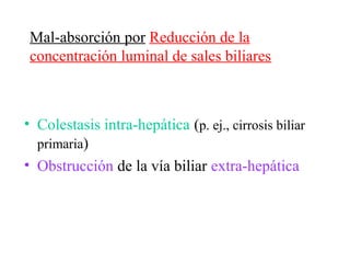 Mal-absorción por Reducción de la
 concentración luminal de sales biliares



• Colestasis intra-hepática (p. ej., cirrosis biliar
  primaria)
• Obstrucción de la vía biliar extra-hepática
 
