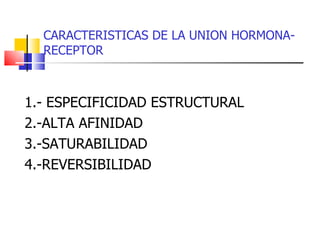 CARACTERISTICAS DE LA UNION HORMONA-RECEPTOR 1.- ESPECIFICIDAD ESTRUCTURAL 2.-ALTA AFINIDAD 3.-SATURABILIDAD 4.-REVERSIBILIDAD 
