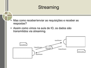 Streaming

●   Mas como receber/enviar as requisições e receber as
    respostas?
●   Assim como vimos na aula de IO, os dados são
    transmitidos via streaming.
 